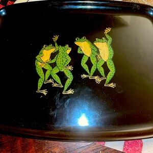 Couroc vintage frog tray. Wood and brass.